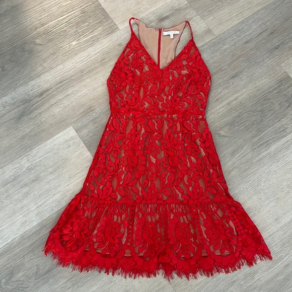 Wayf Cherry red 3D lace embroidered ruffle sleeveless dress v-neck lined Small S - Picture 2 of 8